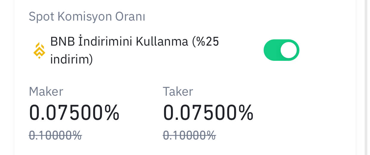 BNB coin komisyon indirimi